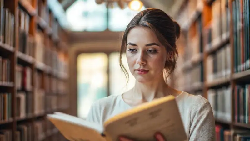 Eine Frau liest nachdenklich in weichem Licht